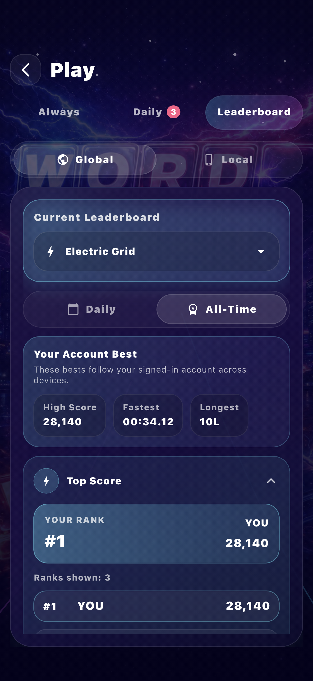 WordVolt all-time leaderboard screen with long-term account stats