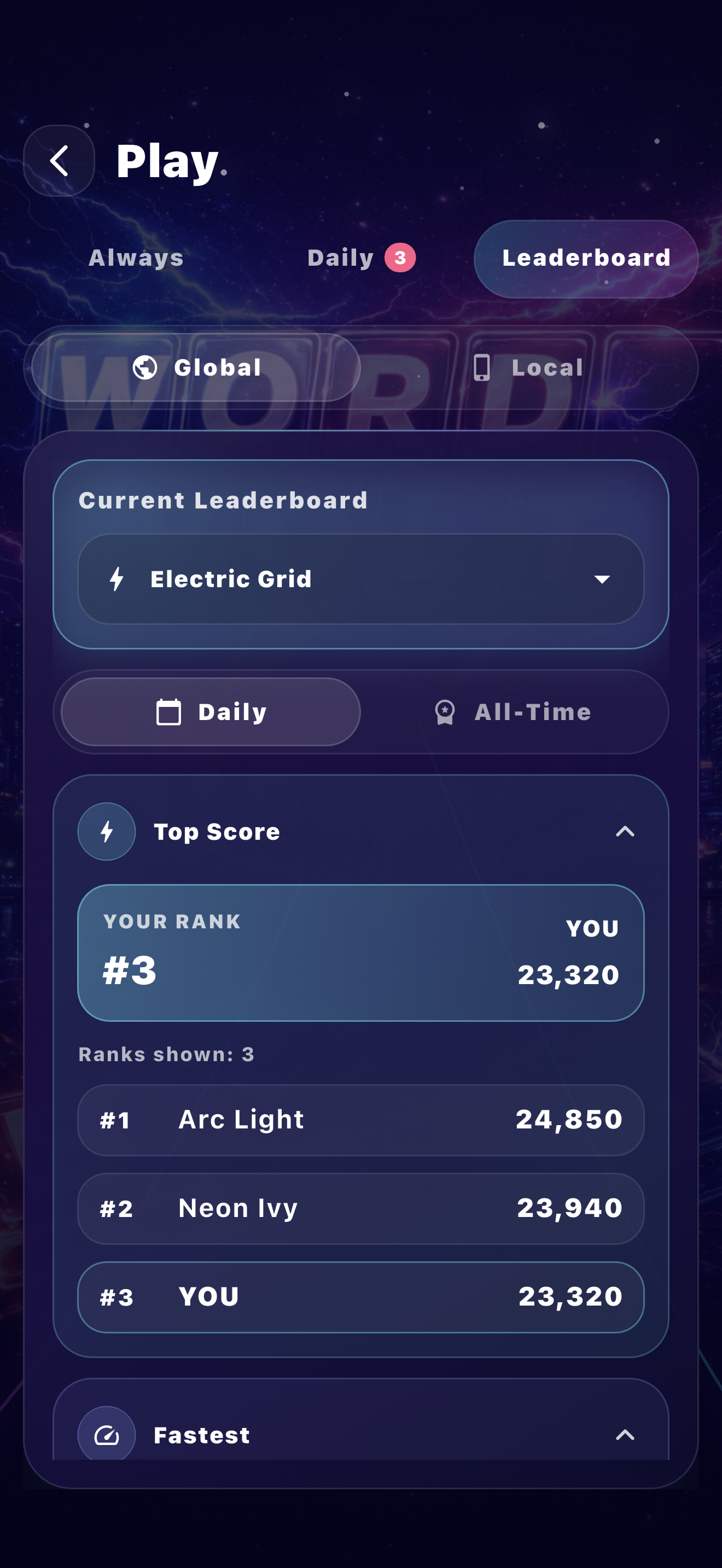 WordVolt daily leaderboard screen with ranked results