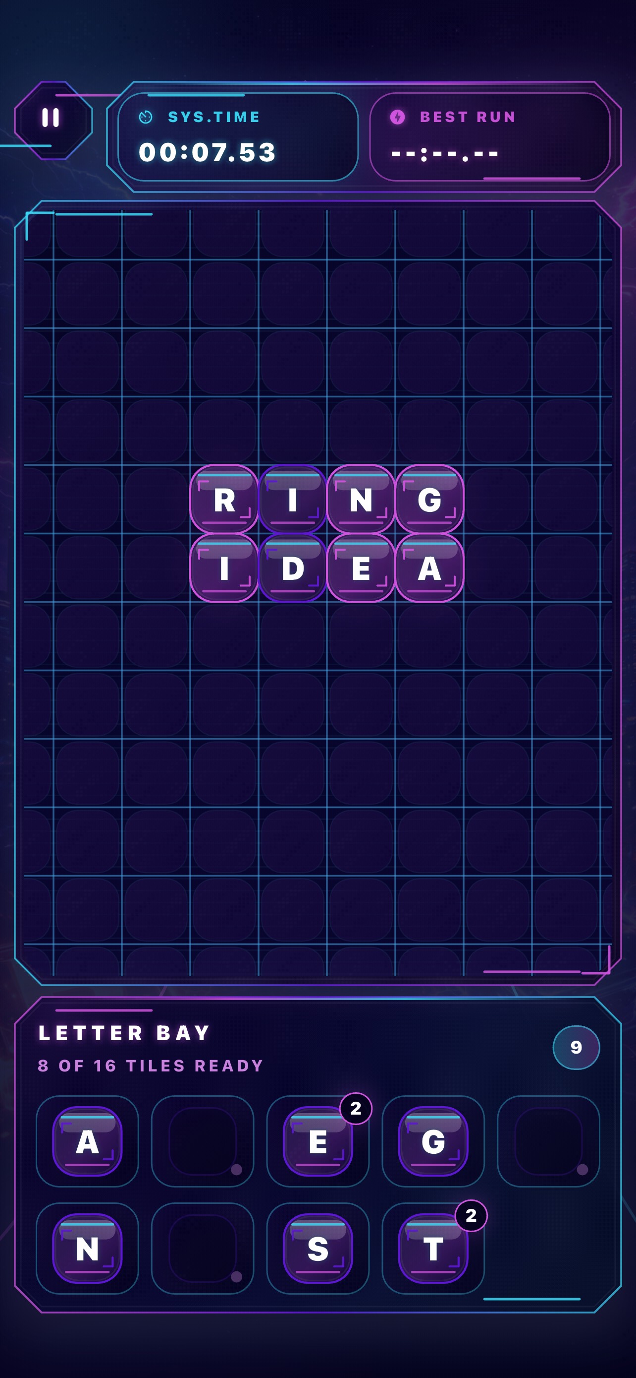 WordVolt live board with words placed and effects active